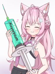  1girl animal_ear_fluff animal_ears antenna_hair black_skirt closed_eyes closed_mouth hakui_koyori hakui_koyori_(1st_costume) highres holding holding_syringe hololive large_syringe long_hair morotade_kudou musical_note necktie oversized_object pink_hair pink_necktie shirt skirt sleeveless sleeveless_shirt smile solo syringe tail very_long_hair virtual_youtuber white_shirt wolf_ears wolf_girl wolf_tail 