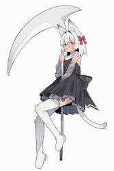  1girl animal_ear_fluff animal_ears bare_shoulders black_dress boots bow cat_ears cat_girl cat_tail closed_mouth commentary_request detached_sleeves double-parted_bangs dress frilled_dress frills full_body hair_between_eyes hair_bow hair_intakes highres holding holding_scythe long_sleeves looking_at_viewer original oversized_object pa._(tatuya28001) red_bow red_eyes scythe see-through_clothes see-through_sleeves short_hair simple_background sleeveless sleeveless_dress solo tail thigh_boots turtleneck turtleneck_dress white_background white_boots white_hair 
