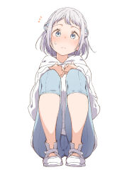  1girl blue_eyes blue_pants blush braid commentary_request dot_nose eitopondo gakuen_idolmaster grey_hair highres hood hood_down hoodie idolmaster katsuragi_lilja looking_at_viewer medium_hair pants shoes side_braid simple_background sitting solo sweatdrop white_background white_hoodie white_shoes 