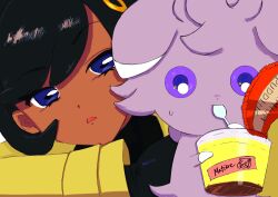  1girl absurdres bblin820 black_bodysuit black_gloves black_hair blue_eyes bodysuit brown_jacket colored_sclera dark-skinned_female dark_skin emma_(pokemon) espurr food gloves grey_fur highres holding holding_spoon jacket looking_at_viewer open_mouth pokemon pokemon_(creature) pokemon_legends:_z-a pudding purple_sclera spoon sweatdrop upper_body violet_eyes 