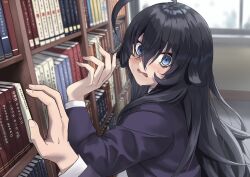  1girl 1other ahoge bags_under_eyes black_hair blue_eyes blush bookshelf from_side hair_between_eyes hand_up highres indoors iyashigorira12 jacket jimiko looking_at_viewer original peanut_mouth pov pov_hands purple_jacket small_sweatdrop solo_focus sweat upper_body window 