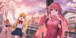  4girls absurdres bag blonde_hair blue_eyes blue_hair blush bocchi_the_rock! bow bowtie building buttons car cherry_blossoms cityscape clouds cloudy_sky collared_shirt commentary_request double-breasted gotoh_hitori green_bag green_eyes guitar_case hair_between_eyes hair_ornament hammi headphones highres ijichi_nijika instrument_case jacket kita_ikuyo long_hair medium_hair motor_vehicle multiple_girls orange_eyes pink_hair pink_jacket power_lines railing red_bow red_bowtie red_hair shirt skirt sky sweatdrop utility_pole vending_machine walking waving white_shirt wide_shot yamada_ryo yellow_bag 