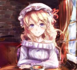 1girl arm_rest blonde_hair blush brick_wall closed_mouth collarbone commentary cup curtains hair_ornament hairclip highres long_hair long_sleeves looking_at_viewer maribel_hearn purple_sweater sitting smile solo steaming_cup sweater touhou uwazumi violet_eyes window 