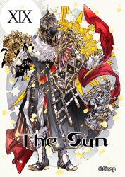  armor artist_name bilingual_commentary english_text flower full_body helmet holding holding_flower mixed-language_commentary original roman_numeral simple_background sirop sunflower tarot the_sun_(tarot) 
