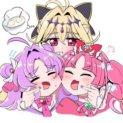  3girls :o ahoge akechi_anna antenna_hair blonde_hair blush cheek_poking closed_eyes commentary_request cure_answer cure_arcana_shadow cure_mystique food highres ice_cream kenpi_(hs-totyu) kobayashi_mikuru long_hair meitantei_precure! moria_luluka multiple_girls pink_eyes pink_hair poking precure purple_hair saliva speech_bubble thought_bubble very_long_hair 