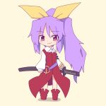  1girl belt bow hair_bow hair_ribbon kakinoki_mikan_(kari) long_hair ponytail purple_hair ribbon smile solo sword touhou violet_eyes watatsuki_no_yorihime weapon younger 