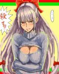  1girl blush bow breasts cleavage cleavage_cutout embarrassed fujiwara_no_mokou hair_bow hair_ribbon highres large_breasts long_hair looking_at_viewer open-chest_sweater red_eyes ribbon silver_hair solo sweater touhou translation_request tress_ribbon very_long_hair yostel 