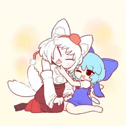  2girls animal_ears blue_bow blue_dress blue_hair bow cirno closed_eyes detached_sleeves detached_wings dress fang full_body hair_bow hand_on_another's_chin hat height_difference highres ice ice_wings inubashiri_momiji long_skirt looking_at_another medium_dress medium_hair muimui_(4242564muimui) multiple_girls one_eye_closed open_mouth petting pinafore_dress pom_pom_(clothes) pom_pom_hat_ornament puffy_short_sleeves puffy_sleeves red_hat red_skirt seiza shirt short_hair short_sleeves sitting skirt sleeveless sleeveless_dress smile snot_trail tail tail_wagging tokin_hat touhou triangle_mouth white_hair white_shirt white_sleeves wings wolf_ears wolf_girl wolf_tail yellow_background 