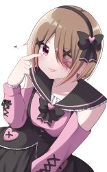  1girl :p absurdres black_bow black_bowtie bow bowtie brown_hair hair_bow hair_ornament hairband hairpin heart heaven_burns_red highres kayamori_ruka looking_at_viewer puyopiku red_eyes short_hair simple_background tongue tongue_out white_background 