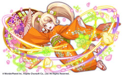  1girl baby_animal bird blonde_hair blush chick copyright_notice crash_fever danganronpa_(series) floral_print floral_print_kimono flower hand_fan holding holding_fan japanese_clothes kimono obi official_art orange_eyes orange_kimono petals pink_petals print_kimono promotional_art saionji_hiyoko sash simple_background solo third-party_source twintails white_background 