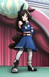  1girl animal_ears black_hair blue_eyes blue_skirt commission curtains ear_ribbon full_body genderswap genderswap_(mtf) hamu_koutarou highres horse_ears horse_girl horse_tail looking_at_viewer multicolored_hair multicolored_shoes original pantyhose personification pixiv_commission podium ribbon shoes skirt solo sovereignty_(racehorse) streaked_hair striped_ribbon tail two-tone_hair two-tone_shoes umamusume white_pantyhose white_shoes white_streaks 