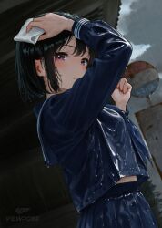  1girl black_hair blue_neckerchief blue_serafuku blush breasts grey_sky highres looking_at_viewer medium_hair midriff_peek neckerchief original outdoors pleated_skirt rain sailor_collar school_uniform serafuku skirt sky small_breasts solo standing viewpoint_(ie_moto) violet_eyes wet wet_clothes 