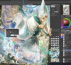  1boy aqua_cloak blue_eyes clip_studio_paint clip_studio_paint_(medium) cloak closed_mouth commentary_request conical_hat finger_to_mouth fourth_wall glasses hat hat_tassel long_sleeves magic male_focus pince-nez qifrey_(tongari_boushi_no_atelier) round_eyewear short_hair shushing silly_chaotic smile solo through_medium tongari_boushi_no_atelier user_interface waves white_hair wizard wizard_hat 