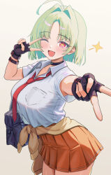  1girl :d absurdres ahoge bag black_bag black_choker black_gloves blush breasts brown_sweater chaos_zero_nightmare choker clothes_around_waist collared_shirt commentary_request cowboy_shot double_v fingerless_gloves gloves green_hair hands_up heidemarie_(chaos_zero_nightmare) highres konnzyou large_breasts looking_at_viewer necktie one_eye_closed open_mouth orange_skirt red_eyes red_necktie shirt short_hair short_sleeves simple_background skirt smile solo sweater sweater_around_waist t-shirt unworn_sweater v white_background white_shirt yellow_pupils 