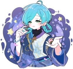  1boy ahoge alternate_hair_length_(longer) blue_hair bracelet braid bright_pupils commentary cropped_torso earrings ensemble_stars! green_eyes hands_up highres jewelry looking_at_viewer male_focus mani_(pukakaka09) natsukoi_(ensemble_stars!) offering_hand official_alternate_costume open_hand shinkai_kanata smile solo star_(symbol) twin_braids untranslatable_commentary white_pupils 