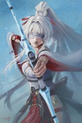  1girl aiming aiming_at_viewer archery_shooting_glove blindfold bow_(weapon) breasts breath chucky_(chucky1000sun) closed_mouth commentary_request drawing_bow facing_viewer gloves hair_intakes hakama hakama_skirt high_ponytail highres hiyuki_(wuthering_waves) holding holding_bow_(weapon) holding_weapon japanese_clothes kimono long_hair long_sleeves medium_breasts partially_fingerless_gloves ponytail red_hakama signature skirt snowing solo weapon white_hair white_kimono wuthering_waves 