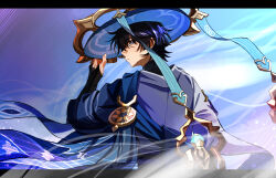  1boy animal_print armor belt bird_print black_belt black_bodysuit black_border black_bridal_gauntlets black_hair blue_background blue_cape blue_hat blue_jingasa blunt_ends bodysuit border bridal_gauntlets cape closed_mouth dintoge fingernails from_behind furisode genshin_impact gold gold_ring hand_up hat highres japanese_armor japanese_clothes jingasa kimono kote kurokote letterboxed looking_at_viewer looking_back male_focus middle_ring multicolored_hair purple_hair purple_rope purple_sash rope sash scaramouche_(genshin_impact) side_cape solo streaked_hair tsurime violet_eyes wanderer_(genshin_impact) white_kimono white_sleeves wind 
