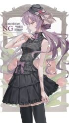  1girl absurdres bare_shoulders black_dress black_hat black_thighhighs bow bowtie commentary_request commission dress dress_bow floral_background flower frilled_dress frills from_side hat highres long_hair looking_at_viewer maririri111 mini_hat original purple_bow purple_bowtie purple_hair red_flower sideways_glance skeb_commission sleeveless sleeveless_dress solo standing thigh-highs tulip 