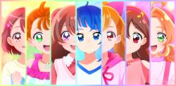  6+girls ahoge akechi_anna artist_name beret blue_eyes blue_hair blue_shirt bob_cut bow brown_eyes brown_hair casual closed_mouth clothing_cutout collared_dress colorful_background commentary cut_bangs delicious_party_precure double_bun dress eighth_note flower frilled_shirt frills green_eyes hair_bow hair_bun hair_flower hair_intakes hair_ornament hair_pulled_back hair_ribbon hairband hairclip hanadera_nodoka hat healin'_good_precure hirogaru_sky!_precure hood hood_down hooded_dress inukai_komugi jewelry kimi_to_idol_precure kyanos_(b_0000ff) long_hair looking_at_viewer low_twintails medium_hair meitantei_precure! multiple_girls musical_note musical_note_hair_ornament nagomi_yui natsuumi_manatsu necklace off-shoulder_shirt off_shoulder open_mouth orange_hair pink_bow pink_dress pink_hairband pink_shirt pink_sweater_vest precure purple_hat red_eyes red_ribbon red_shirt ribbon sakura_uta_(precure) shell shell_necklace shirt short_hair shoulder_cutout signature single_sidelock smile sora_harewataru split_ponytail sweater_vest t-shirt tropical-rouge!_precure twintails two-tone_shirt two_side_up violet_eyes white_shirt wonderful_precure! 