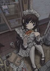  1girl absurdres apron black_dress blue_eyes brown_hair can dress drink_can eating food fork frills from_above frown full_body glass_door gudon_udon hair_between_eyes half-closed_eyes highres holding holding_food litter long_sleeves looking_at_viewer maid maid_apron maid_headdress mary_janes on_ground original outdoors pantyhose puffy_sleeves reflection road sandwich shoes short_hair sidewalk sign sitting solo storefront street tile_floor tiles urban white_apron 