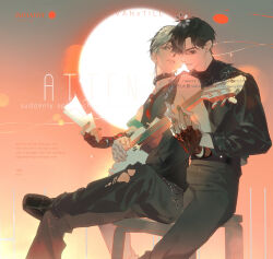 2boys alien_stage bantian_daxi black_choker black_eyes black_hair black_jacket black_pants black_shirt chinese_commentary choker commentary electric_guitar english_text fang fingerless_gloves gloves green_nails grey_hair guitar highres holding holding_guitar holding_instrument holding_paper instrument ivan_(alien_stage) jacket male_focus multiple_boys necktie official_alternate_costume pants paper parted_lips red_gloves red_necktie red_pupils shirt short_hair sitting_between_legs sleeveless sleeveless_shirt spiked_choker spikes till_(alien_stage) turtleneck turtleneck_shirt very_short_hair 