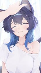  1girl 1other :3 absurdres animal_ears black_hair blue_hair blurry blurry_background breasts cat_ears cat_girl cat_tail closed_eyes commentary double-parted_bangs english_commentary gradient_hair hair_between_eyes headpat highres hololive hololive_english large_breasts long_hair multicolored_hair ouro_kronii pov pov_hands shirt single_off_shoulder solo_focus t-shirt tail upper_body virtual_youtuber white_shirt yoellim5 
