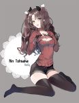  1girl artist_name black_legwear blue_eyes breasts brown_hair character_name cleavage cleavage_cutout fate/stay_night fate_(series) hair_ribbon long_hair open-chest_sweater relly ribbed_sweater ribbon short_shorts shorts sitting solo sweater thighhighs toosaka_rin turtleneck two_side_up wariza zettai_ryouiki 