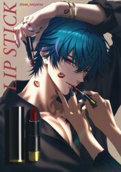  1boy 1other alternate_costume applying_lipstick applying_makeup arm_up black_shirt blue_hair blue_nails brant_(wuthering_waves) collarbone commentary cosmetics english_text fingernails hair_between_eyes highres holding holding_lipstick_tube lipstick_mark lipstick_mark_on_face lipstick_mark_on_neck lipstick_tube long_fingernails looking_at_viewer nail_polish parted_lips pink_eyes sae_naiyatsu shirt short_hair smile solo_focus tacet_mark_(wuthering_waves) twitter_username untranslatable_commentary upper_body wuthering_waves 