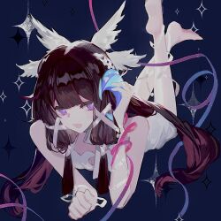  1girl bare_legs bare_shoulders barefoot black_hair blue_background columbina_(genshin_impact) commentary crescent dress english_commentary genshin_impact hair_ornament hair_ribbon head_wings highres long_hair lying minazukiayano multicolored_hair multiple_wings on_stomach purple_hair purple_streaks ribbon smile solo streaked_hair two-tone_hair very_long_hair violet_eyes white_dress white_wings wing_hair_ornament wings 