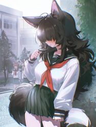  3girls against_wall animal_ear_fluff animal_ears blush cat_ears cat_girl cat_tail closed_eyes covered_eyes english_commentary fence highres holding_own_hair laughing long_bangs long_hair long_sleeves looking_to_the_side medium_hair multiple_girls neckerchief necktie omote_m0nl open_mouth original rabbit_ears rabbit_girl red_neckerchief school school_uniform serafuku skirt sunlight sweatdrop tail thighs tree wolf_ears wolf_girl wolf_tail 