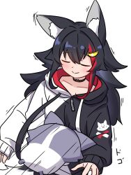  1girl absurdres animal_ear_fluff animal_ears black_hair black_hoodie closed_eyes closed_mouth hair_ornament hairpin highres hololive hood hoodie long_hair miofa_(ookami_mio) morotade_kudou multicolored_hair ookami_mio ookami_mio_(hoodie) red_streaks smile streaked_hair two-tone_hoodie virtual_youtuber white_hoodie wolf_ears wolf_girl 