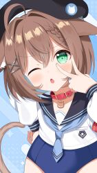  1girl :o absurdres ahoge animal_collar animal_ear_fluff animal_ears arashii_desu archived_source belt_collar beret black_hat black_sailor_collar blue_background blue_hair blue_neckerchief blue_one-piece_swimsuit blush braid braided_bangs breast_pocket brown_hair brown_tail cat_ears cat_girl cat_pendant cat_tail chestnut_mouth collar colored_inner_hair cropped_shirt droopy_ears frown green_eyes hair_between_eyes hand_up hat highres indie_virtual_youtuber long_sleeves looking_at_viewer michiyo_mao multicolored_hair neckerchief one-piece_swimsuit pendant_collar pocket puffy_long_sleeves puffy_sleeves red_collar sailor_collar school_swimsuit school_uniform serafuku serasuku short_hair swimsuit swimsuit_under_clothes tail third-party_source v v-shaped_eyebrows v_over_eye virtual_youtuber white_serafuku 