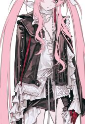  1girl bow braid commentary commission cowboy_shot dot_nose frilled_wrist_cuffs frills gloves head_tilt highres jacket jewelry leather leather_jacket long_hair long_sidelocks long_sleeves necklace open_clothes open_jacket original parted_lips pink_eyes pink_hair red_gloves scarf shirt sidelocks simple_background single_braided_sidelock skeb_commission solo standing twintails urkt_10 very_long_hair white_background white_bow white_scarf white_shirt wrist_cuffs 