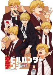  1boy artist_name belt belt_buckle black_belt black_necktie black_pants blonde_hair blood buckle chainsaw_man cigarette collared_shirt commentary_request denji_(chainsaw_man) drink drinking highres holding holding_drink holding_magazine holding_sword holding_weapon jacket katana magazine_(object) multiple_views necktie nosebleed orange_eyes pants police_badge red-framed_eyewear sabakan5555 sharp_teeth shirt shoes sneakers suit suit_jacket suit_pants sweatdrop sword teeth tongue tongue_out translation_request weapon white_shirt white_shoes yawning 
