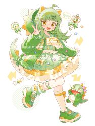  1girl :d absurdres ahoge animal_ears asymmetrical_legwear blunt_bangs blush candy cat_ears commentary_request dinosaur food frilled_skirt frills full_body green_hair green_sailor_collar green_shoes green_skirt green_socks hair_ornament hairclip hand_up highres hood hood_up hoodie lollipop long_hair long_sleeves looking_at_viewer mismatched_legwear neckerchief open_clothes open_hoodie open_mouth original saijo1201 sailor_collar school_uniform serafuku sharp_teeth shirt shoes simple_background skirt sleeves_past_wrists smile socks solo standing standing_on_one_leg striped_clothes striped_socks swirl_lollipop tail teeth upper_teeth_only w wand watermark white_background white_shirt white_socks yellow_eyes yellow_neckerchief 