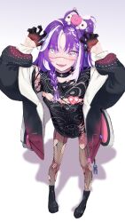  1girl ahoge black_boots black_choker black_gloves black_jacket black_shirt boots braid breasts choker commentary creature_on_head eye_print fang fishnet_pantyhose fishnets gloves heart highres jacket jared_(michi_mochievee) long_hair looking_at_viewer michi_mochievee multicolored_hair open_mouth ori6116 pantyhose parted_bangs patchwork_skin price_tag purple_hair red_eyes ringed_eyes shadow shirt skin_fang solo stitched_face stitches streaked_hair torn_clothes torn_shirt virtual_youtuber vshojo white_background white_hair 