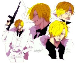  1boy black_shirt blonde_hair blue_eyes cigarette commentary_request curly_eyebrows facial_hair goatee gun hair_over_one_eye hand_in_pocket highres holding holding_gun holding_weapon male_focus mustache necktie one_piece sanji_(one_piece) shi_camellia8 shirt signature simple_background smile smoke weapon white_background white_necktie 