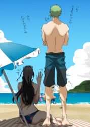  +++ 2girls 3boys arm_up back beach beach_umbrella bikini black_hair chikichiki_(robitema) commentary_request crossed_arms earrings full_body green_hair hat holding jewelry long_hair monkey_d._luffy multiple_boys multiple_girls nami_(one_piece) nico_robin ocean one_piece puff_of_air roronoa_zoro short_hair shorts sitting straw_hat swimsuit tony_tony_chopper topless_male umbrella waving 