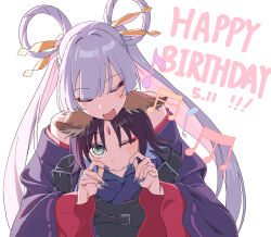  2girls animal_ear_fluff animal_ears bare_shoulders black_hair blue_nails blush cho_kaguya-hime! closed_eyes commentary dated eyeshadow fingernails forehead_jewel fox_ears grey_hair hair_rings happy_birthday highres japanese_clothes kimono long_hair makeup multicolored_hair multiple_girls musical_note nail_polish one_eye_closed pink_hair purple_kimono red_eyeshadow runami_yachiyo sakayori_iroha twintails two-tone_hair untranslatable_commentary very_long_hair ylong yuri 