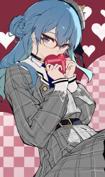  1girl belt belt_buckle black_belt black_choker blue_eyes blue_hair blue_neckerchief box box_of_chocolates buckle choker commentary_request covered_mouth crown grey_jacket grey_skirt hair_between_eyes hair_bun hat heart highres holding holding_box hololive hoshimachi_suisei jacket kurony_(sirony) long_hair looking_at_viewer mini_crown mini_hat neckerchief pleated_skirt red-framed_eyewear skirt solo star_(symbol) star_in_eye symbol_in_eye valentine virtual_youtuber 
