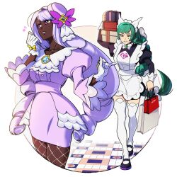  2girls apron ascot bag black_romper blunt_bangs bow bowtie box braid braided_ponytail breasts brown_eyes clenched_teeth commentary_request dark-skinned_female dark_skin dress fascinator fishnet_pantyhose fishnets frilled_ascot frills glove_bow gloves green_hair hair_ornament highres holding holding_box jacinthe_(pokemon) juliet_sleeves lebanne_(pokemon) long_braid long_hair long_sleeves low_drills maid maid_apron maid_headdress master_and_servant medium_breasts mega_stone multiple_girls musical_note open_mouth pantyhose pokemon pokemon_legends:_z-a puffy_sleeves purple_dress purple_hair romper shopping_bag sweatdrop teeth teirotmate thigh-highs tsurime very_dark_skin violet_eyes white_bow white_bowtie white_gloves white_thighhighs 