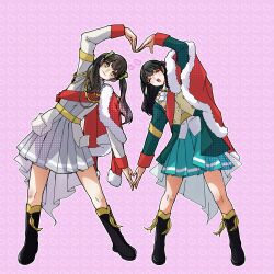 2girls :d ^_^ absurdres aiguillette aqua_skirt ascot belt black_boots black_hair blush boots closed_eyes commentary_request cosplay daiba_nana daiba_nana_(cosplay) daua_history facing_viewer full_body fur-trimmed_jacket fur_trim green_jacket green_ribbon grey_skirt hair_ribbon heart heart_arms heart_arms_duo heart_background highres iwata_haruki jacket jacket_on_shoulders knee_boots koizumi_moeka leaning_to_the_side long_hair long_sleeves looking_at_viewer miniskirt mole mole_under_each_eye mole_under_eye multiple_girls multiple_moles open_mouth outline parted_lips pink_background pleated_skirt real_life red_jacket red_sash ribbon sash shoujo_kageki_revue_starlight shoulder_sash single_horizontal_stripe skirt smile standing striped_clothes striped_skirt tassel tsuyuzaki_mahiru tsuyuzaki_mahiru_(cosplay) twintails voice_actor voice_actor_connection waist_cape white_ascot white_jacket white_outline yellow_belt yellow_eyes 