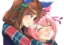  2girls absurdres animal_ears blue_coat blush bow brown_hair closed_eyes coat ear_bow ear_covers ear_ribbon green_bow hair_between_eyes hairband haru_urara_(umamusume) headband highres horse_ears horse_girl king_halo_(umamusume) kotatudogs long_hair multiple_girls open_clothes open_mouth pink_hair pink_headband red_eyes red_headband scarf shared_clothes shared_scarf simple_background smile teeth umamusume upper_teeth_only white_background 