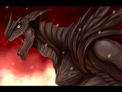  aki_(2345hello) giant giant_monster highres kaiju letterboxed no_humans open_mouth outdoors profile red_background teeth upper_body yellow_eyes ziga 