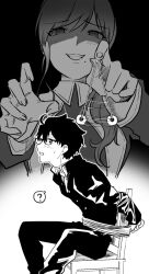  1boy 1girl ? ahoge arms_behind_back blush bound buttons chair coin coin_on_string confused evil_grin evil_smile gakuran glasses grin hair_between_eyes hypnosis metarogu mind_control mole mole_under_mouth monochrome noel_(tsukihime) nun open_hand outstretched_hand partially_shaded_face reaching school_uniform short_hair side_ponytail sidelocks sitting smile souya_high_school_uniform sweat tied_up_(nonsexual) tohno_shiki tsukihime tsukihime_(remake) tunic wavy_sidelocks wing_collar 