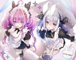  2girls ahoge animal_ear_hairband animal_ears apron black_bow black_bowtie black_hairband black_shirt black_shoes black_sleeves black_wrist_cuffs blue_eyes blue_hair blue_nails blush bow bowtie braid carrot center_frills collared_shirt commentary_request dress fake_animal_ears finger_to_mouth fingernails frilled_dress frilled_headwear frilled_sleeves frilled_wrist_cuffs frills from_above hair_between_eyes hair_intakes hairband highres hololive hololive_dev_is honnoshioriii kikirara_vivi long_hair long_sleeves looking_up low_twin_braids maid maid_apron maid_headdress multicolored_eyes multiple_girls nail_polish pink_eyes pink_hair pink_nails rabbit_ear_hairband rabbit_ears shirt shoes short_sleeves standing standing_on_one_leg thigh-highs tongue tongue_out twin_braids twintails two-tone_eyes usada_pekora v white_thighhighs wrist_cuffs 