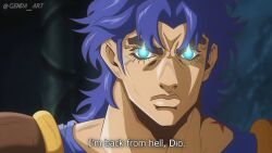  1boy araki_hirohiko_(style) armor artist_name birthmark blue_eyes blue_hair blue_shirt closed_mouth commentary derivative_work english_commentary english_text fake_screenshot flaming_eyes genda_art glowing glowing_eyes highres joestar_birthmark jojo_no_kimyou_na_bouken jonathan_joestar looking_at_viewer male_focus messy_hair muscular muscular_male official_style parody phantom_blood portrait serious shirt shoulder_armor solo stone_ocean subtitled thick_eyebrows twitter_username 