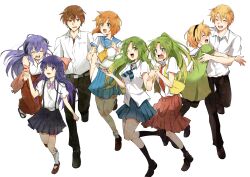  2boys 6+girls absurdres black_hairband black_pants blonde_hair blue_eyes blue_sailor_collar blue_skirt brother_and_sister brown_hair brown_shoes closed_eyes commentary_request dress furude_rika green_dress green_eyes green_hair hair_ribbon hairband hakama hakama_skirt hanyuu highres higurashi_no_naku_koro_ni horns houjou_satoko houjou_satoshi japanese_clothes long_hair maebara_keiichi multiple_boys multiple_girls neckerchief necktie one_eye_closed open_mouth orange_hair pants pleated_skirt purple_hair red_hakama red_necktie red_shoes red_skirt ribbon ryuuguu_rena sailor_collar sailor_dress school_uniform serafuku shirt shoes short_hair short_sleeves shosudo siblings simple_background sisters skirt socks sonozaki_mion sonozaki_shion st._lucia_academy_school_uniform suspender_skirt suspenders twins vest violet_eyes white_background white_sailor_collar white_shirt white_socks yellow_neckerchief yellow_ribbon yellow_vest 