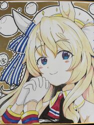  1girl absurdres animal_ears barashiya blonde_hair blue_eyes blue_ribbon closed_mouth commentary_request ear_covers ear_ribbon gloves hat highres horse_ears horse_girl interlocked_fingers long_hair looking_at_viewer own_hands_clasped own_hands_together portrait ribbon shikishi single_ear_cover smile solo striped_ribbon traditional_media umamusume victoire_pisa_(lueur_angelique)_(umamusume) victoire_pisa_(umamusume) white_gloves white_hat white_ribbon 