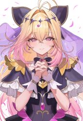  1girl absurdres antenna_hair black_capelet black_dress blonde_hair blush capelet closed_mouth crossed_bangs cure_arcana_shadow dress frilled_capelet frills gradient_hair hair_between_eyes hair_intakes highres long_hair looking_at_viewer meitantei_precure! moria_luluka multicolored_hair own_hands_together pink_hair precure purple_veil see-through_clothes see-through_veil smile solo upper_body veil wrist_wrap yamu_(yamu_030) 